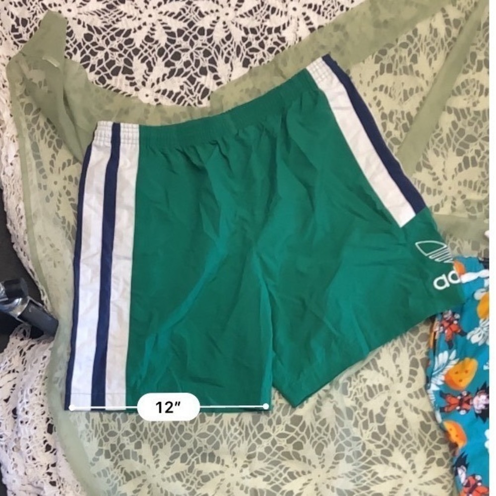 Vintage Adidas Nylon Track Shorts Green Trefoil Logo Mens Large 90s Striped Gym - Picture 5 of 6